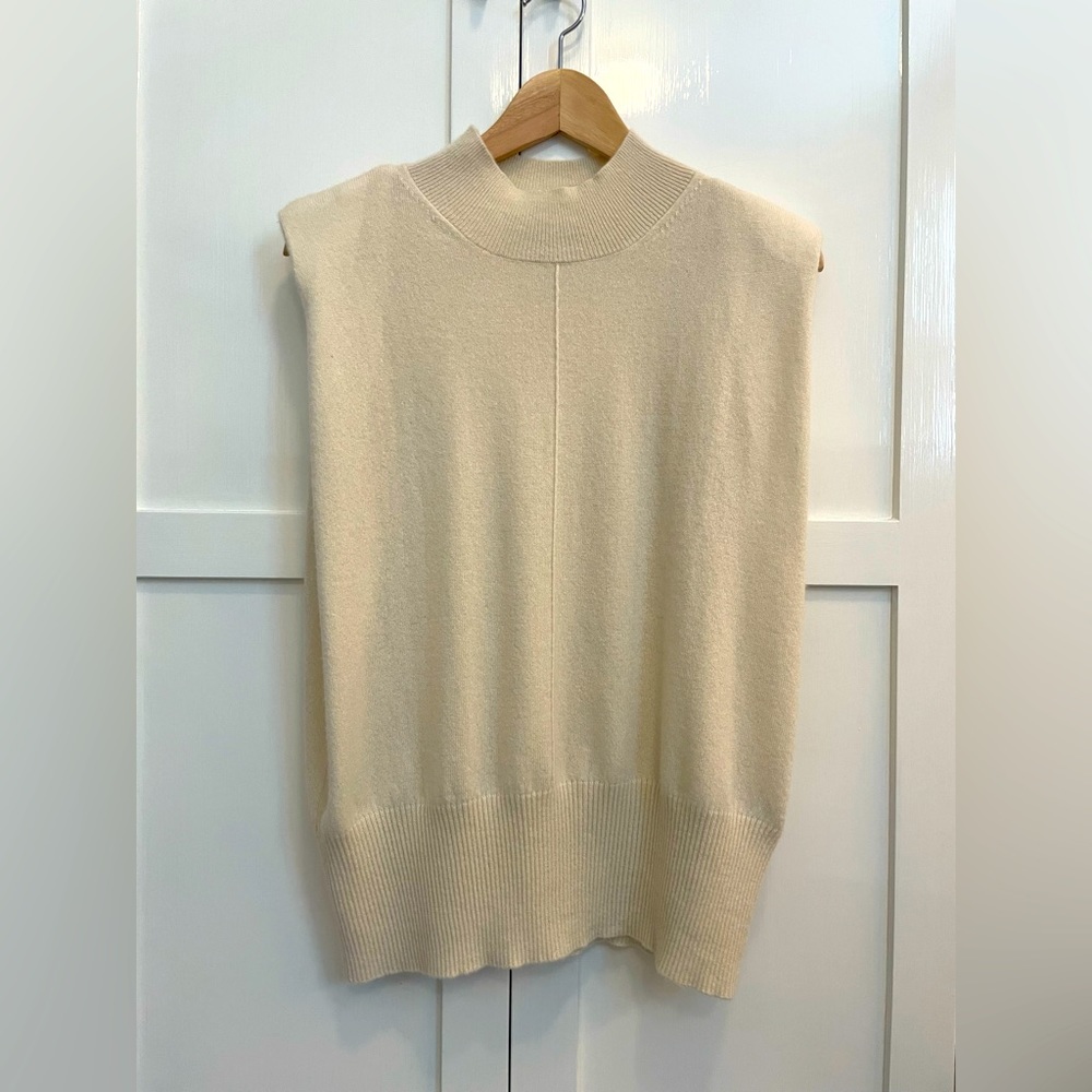100% cashmere sweater tank with mock neck and padded shoulders